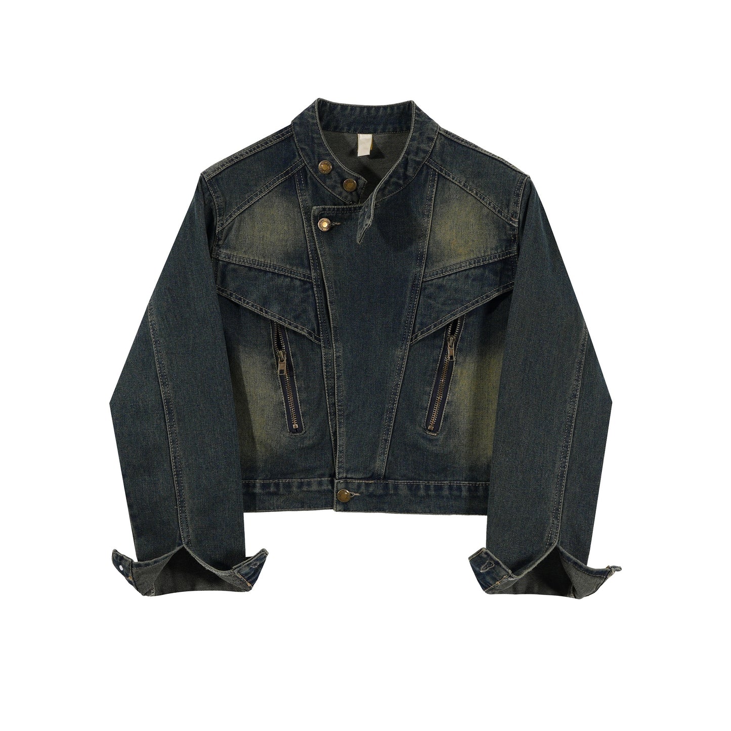 Hong Kong Style Retro Stand Up Collar Denim Short Jacket For Women