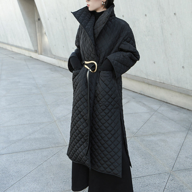Dark Turn-Up High-Neck Diamond Quilted Cotton Open Side Slit Long Coat