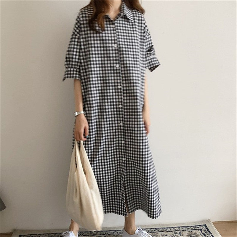 Harajuku Style Cotton Linen Dress Plaid