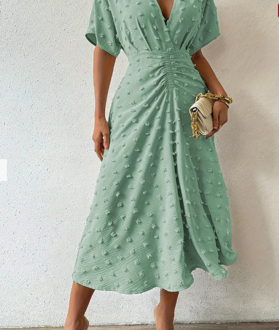 Summer New Fur Ball Ruffle Sleeve V-neck Waist Tied Dress