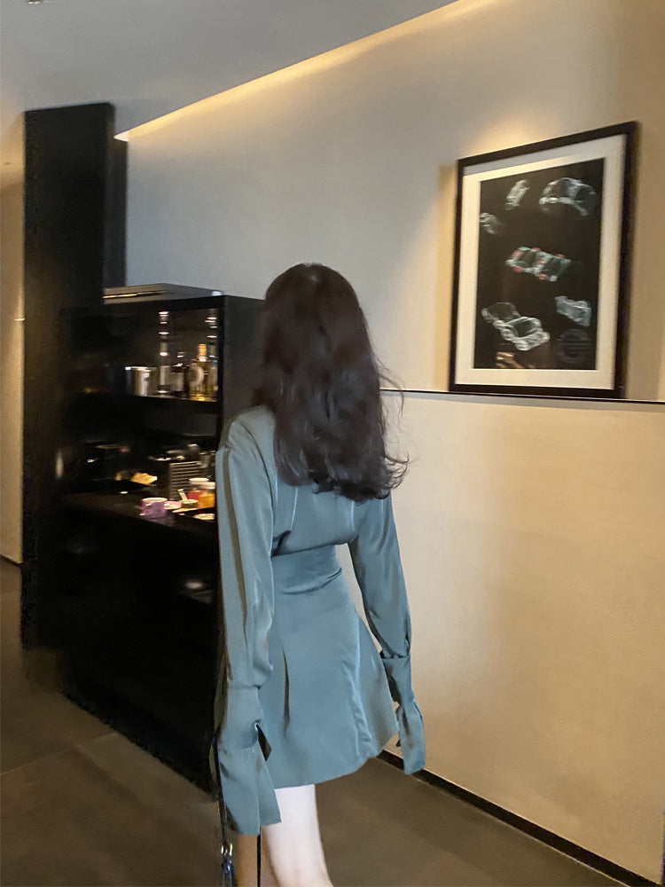 Dark Green Satin Shirt Dress Women's New Design Sense Niche Waist And Thin Temperament Long Skirt