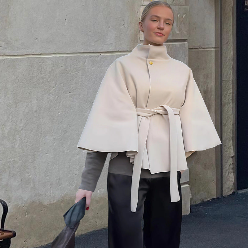 Elegant Solid Color Waist Tight Lace-up Woolen Cape Jacket