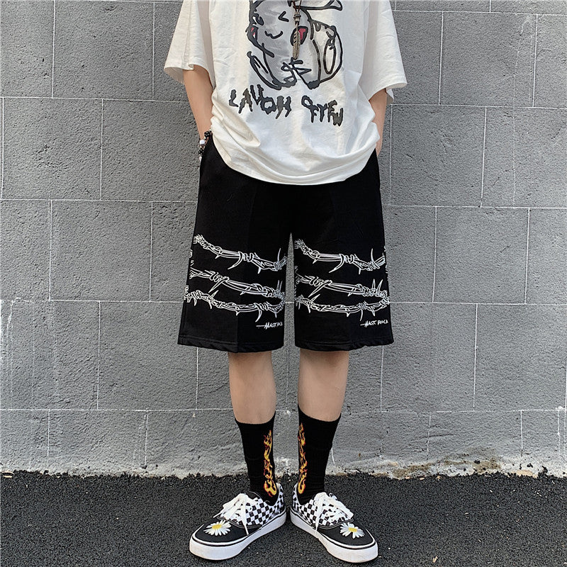 Shorts Men's Loose Casual Trend Dark Line Harajuku Style Front And Rear Iron Chain Pattern Fashion Sports