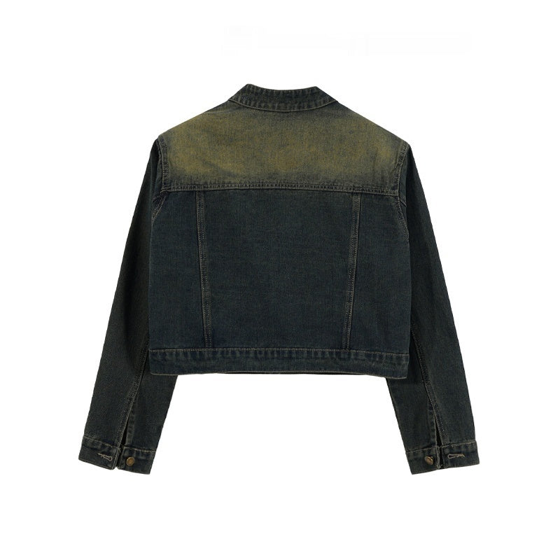 Hong Kong Style Retro Stand Up Collar Denim Short Jacket For Women