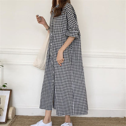 Harajuku Style Cotton Linen Dress Plaid
