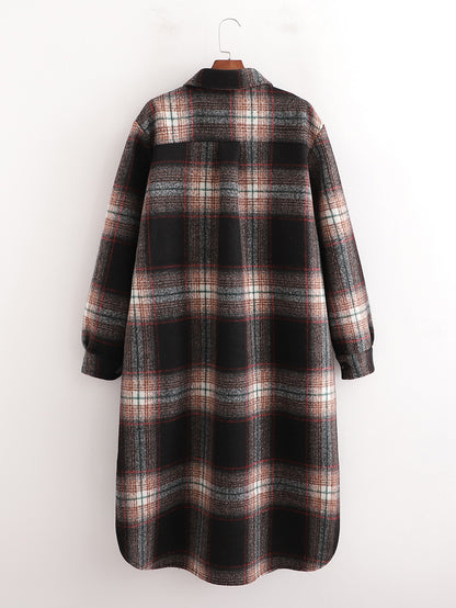 Women's Slim Dark Brown Woolen Plaid Jacket