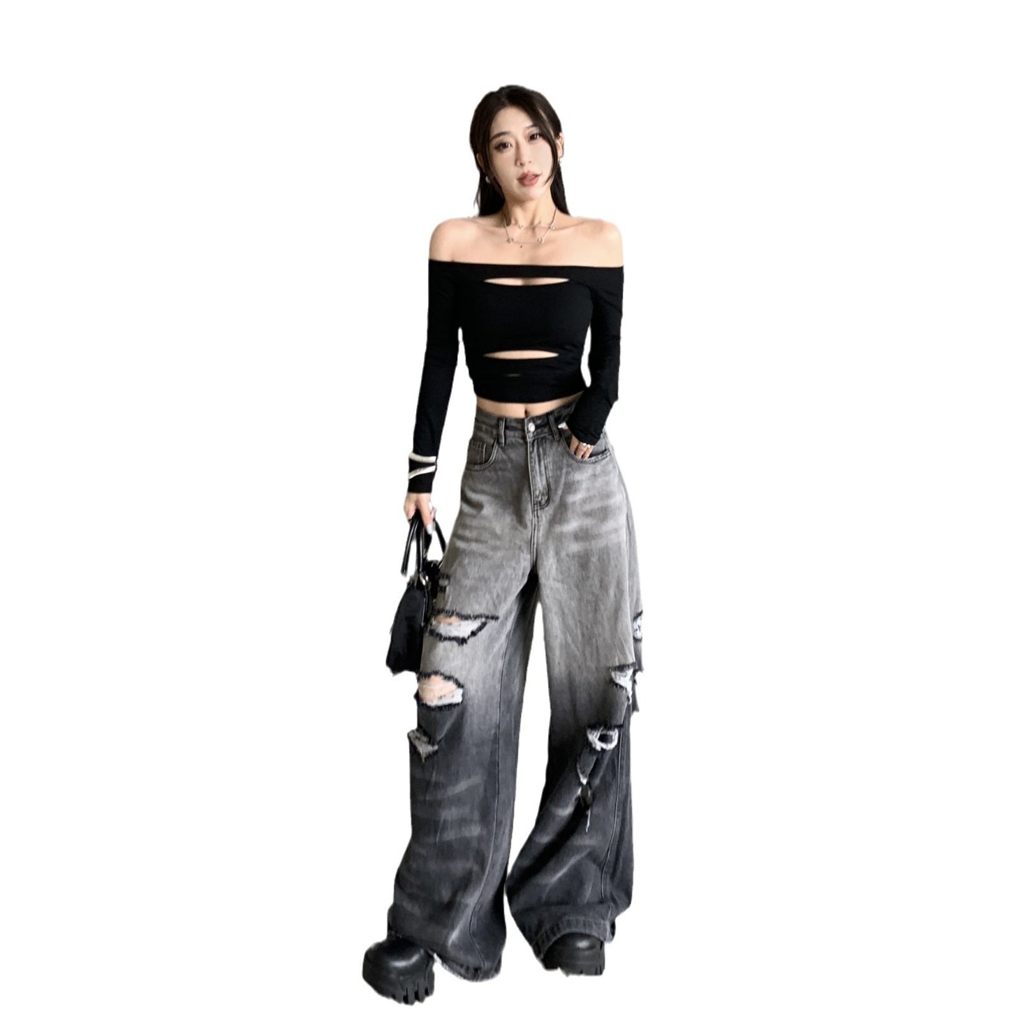 Gradient Color Big Ripped Hot Girl Wide Leg Jeans For Women