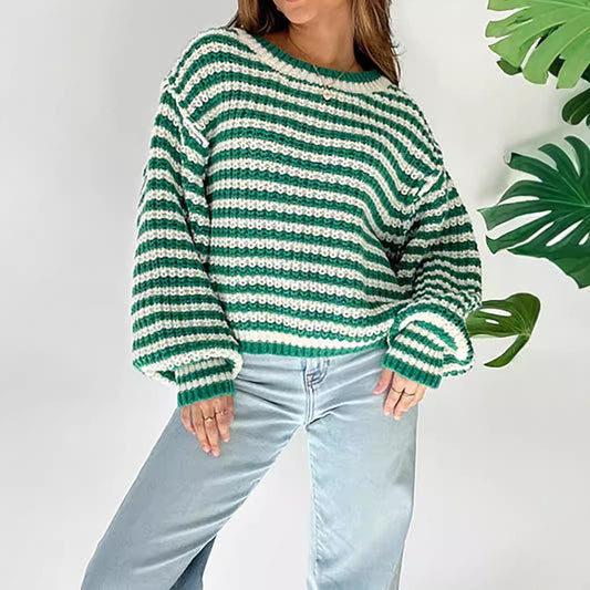 Vintage Stripe Knitted Round Neck Outerwear Loose Contrast Color Sweater