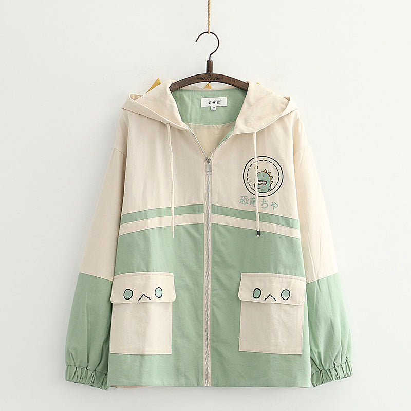 Harajuku Style Dinosaur Embroidered Hooded Jacket