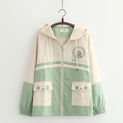 Harajuku Style Dinosaur Embroidered Hooded Jacket