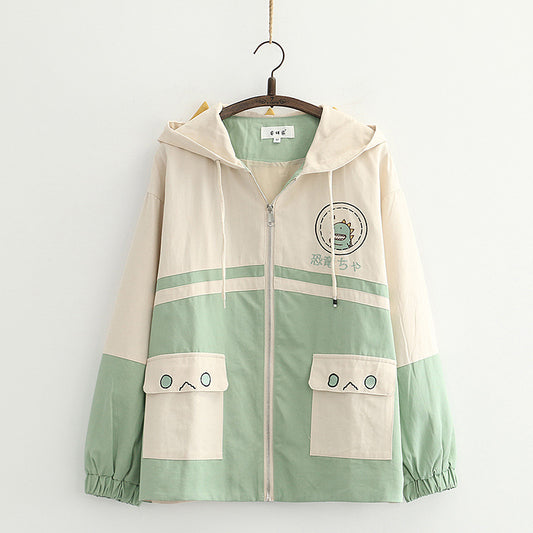 Harajuku Style Dinosaur Embroidered Hooded Jacket