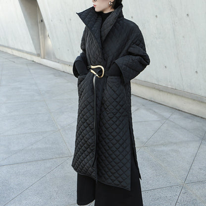 Dark Turn-Up High-Neck Diamond Quilted Cotton Open Side Slit Long Coat