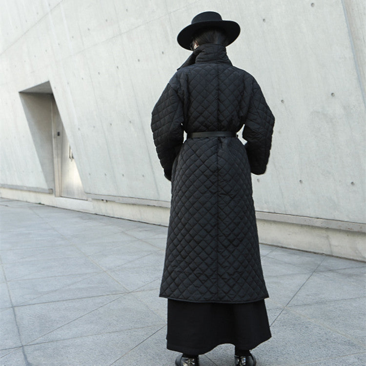 Dark Turn-Up High-Neck Diamond Quilted Cotton Open Side Slit Long Coat