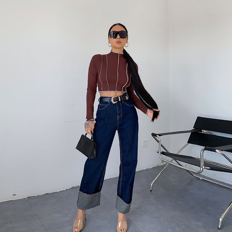 Dark Blue Curled Edge Top Line Loose And Thin Wide-leg Trouser