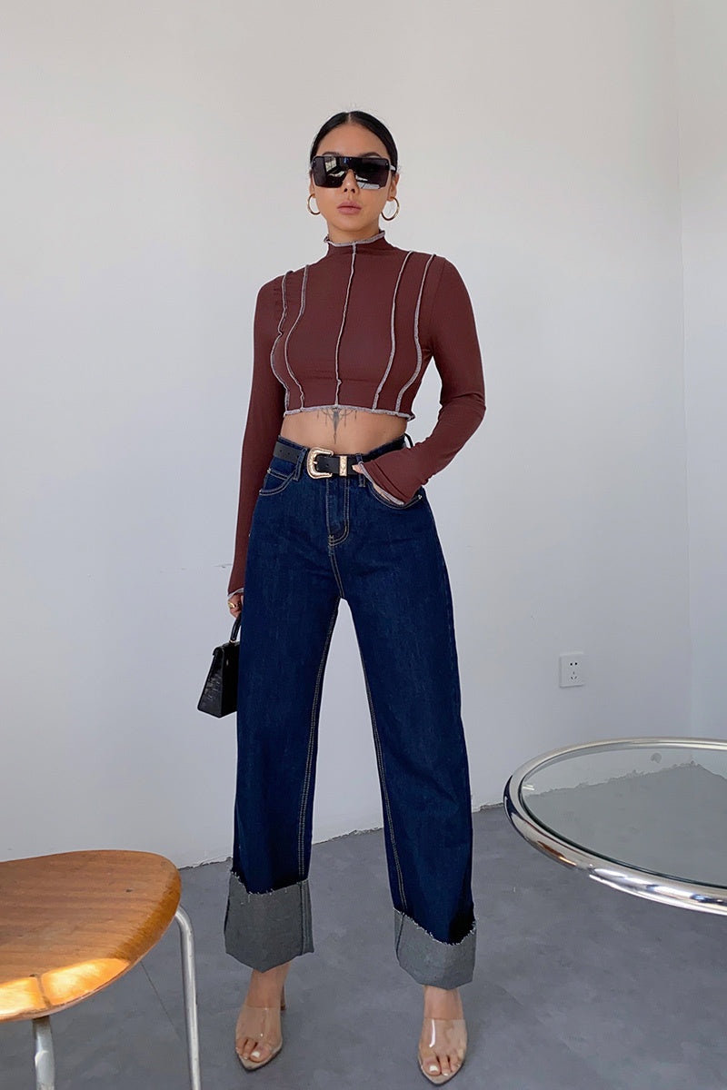 Dark Blue Curled Edge Top Line Loose And Thin Wide-leg Trouser