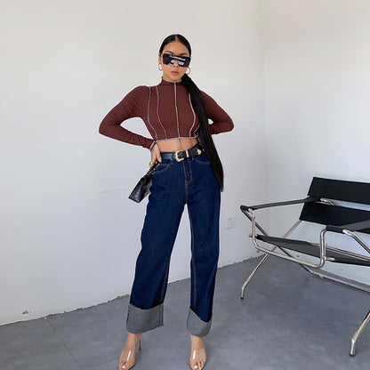 Dark Blue Curled Edge Top Line Loose And Thin Wide-leg Trouser