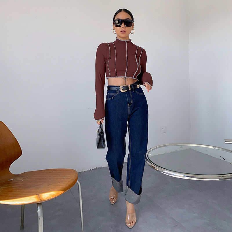 Dark Blue Curled Edge Top Line Loose And Thin Wide-leg Trouser