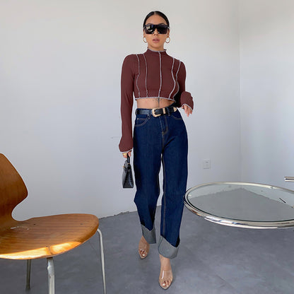 Dark Blue Curled Edge Top Line Loose And Thin Wide-leg Trouser