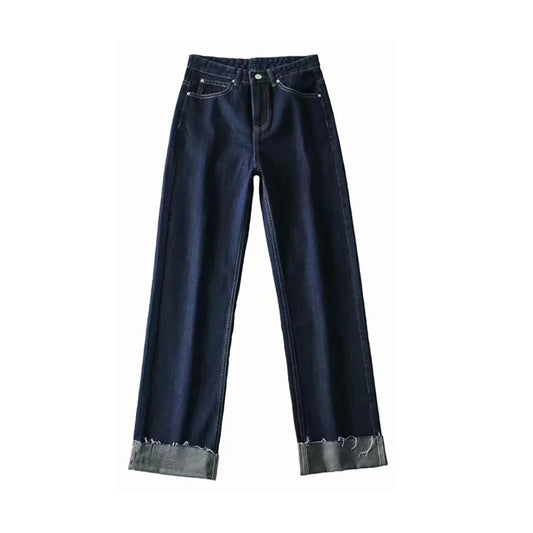 Dark Blue Curled Edge Top Line Loose And Thin Wide-leg Trouser