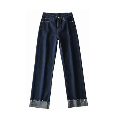 Dark Blue Curled Edge Top Line Loose And Thin Wide-leg Trouser