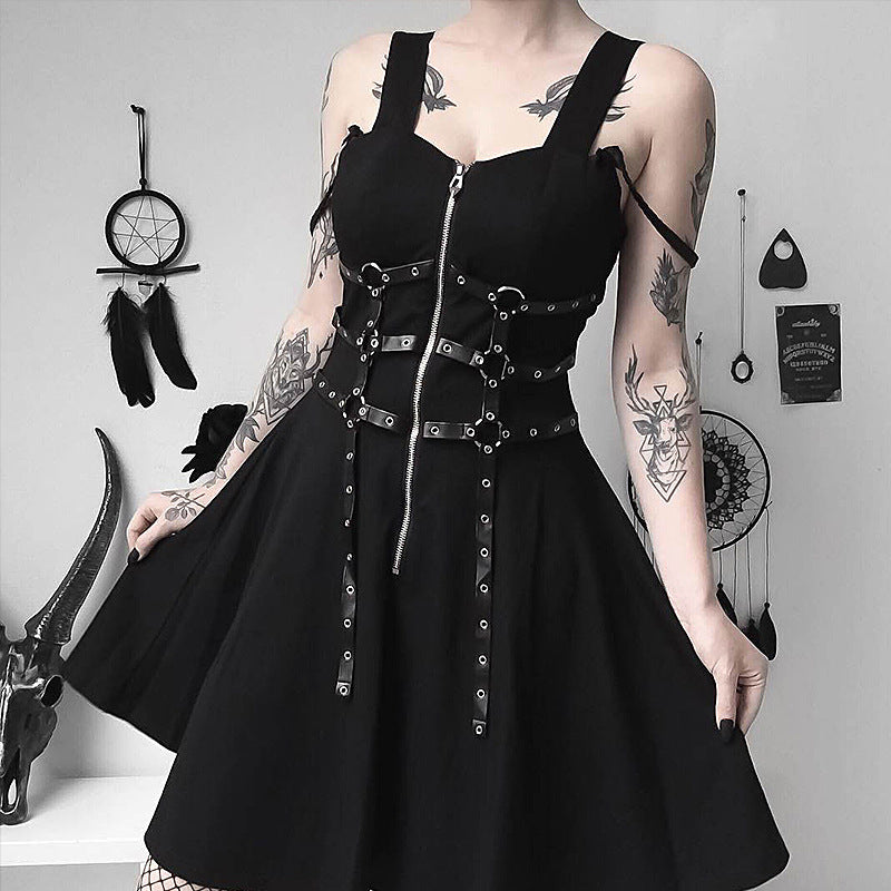New Dark Style Sexy Waist Suspender Dress Loose Casual Back Black Street Women'S Skirt