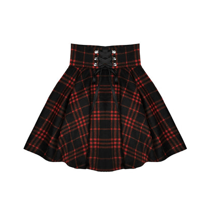 Spring, Autumn And Winter Wide-Waisted Red Plaid Girl Dark Black Skirt Female Woolen High-Waisted Tutu Skirt Ins Wild Tide