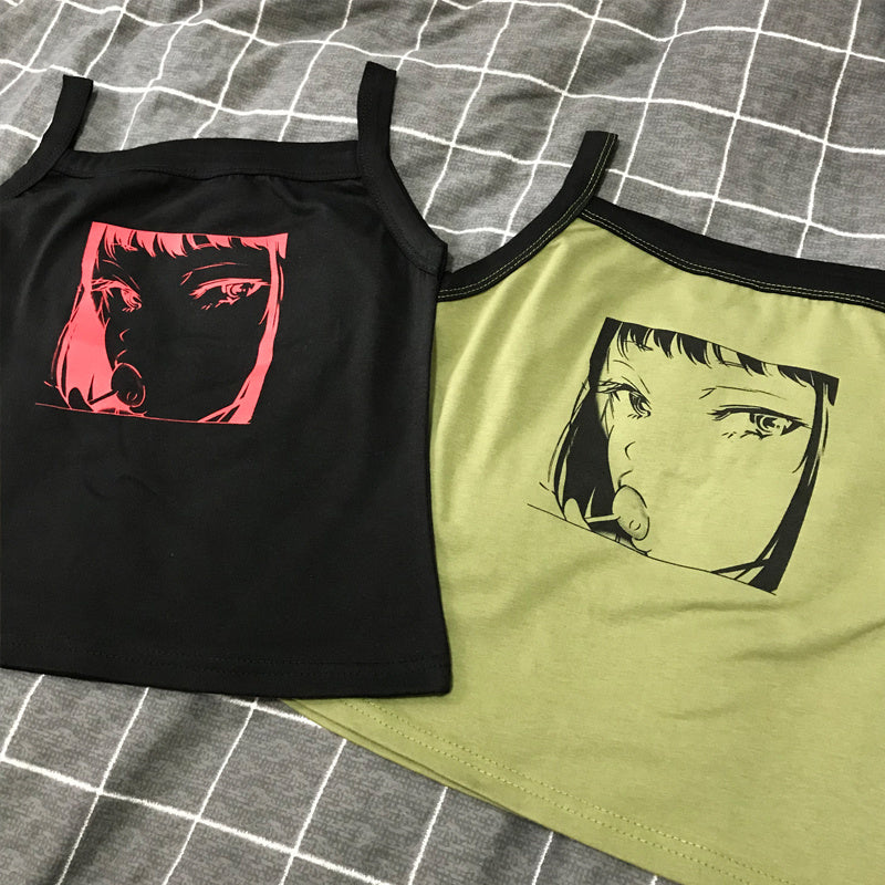 Summer Harajuku Anime Print Slim Sleeveless Short Bottom Shirt Top Student Wild Camisole