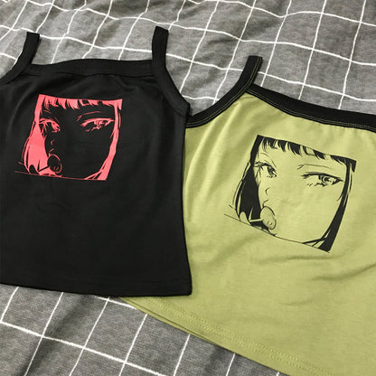 Summer Harajuku Anime Print Slim Sleeveless Short Bottom Shirt Top Student Wild Camisole