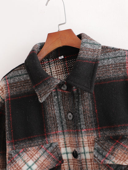 Women's Slim Dark Brown Woolen Plaid Jacket