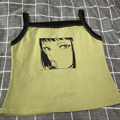 Summer Harajuku Anime Print Slim Sleeveless Short Bottom Shirt Top Student Wild Camisole