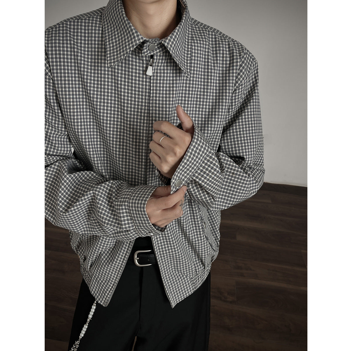 Korean Style Simple Retro Plaid Short Jacket With Double Zipper