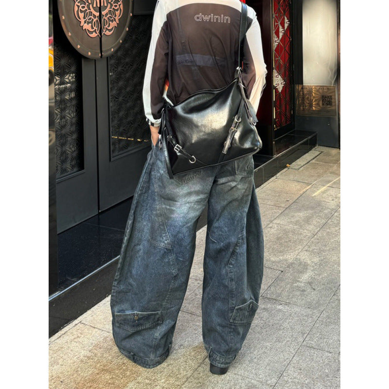 Retro Distressed Washed Reverse Waist Jeans