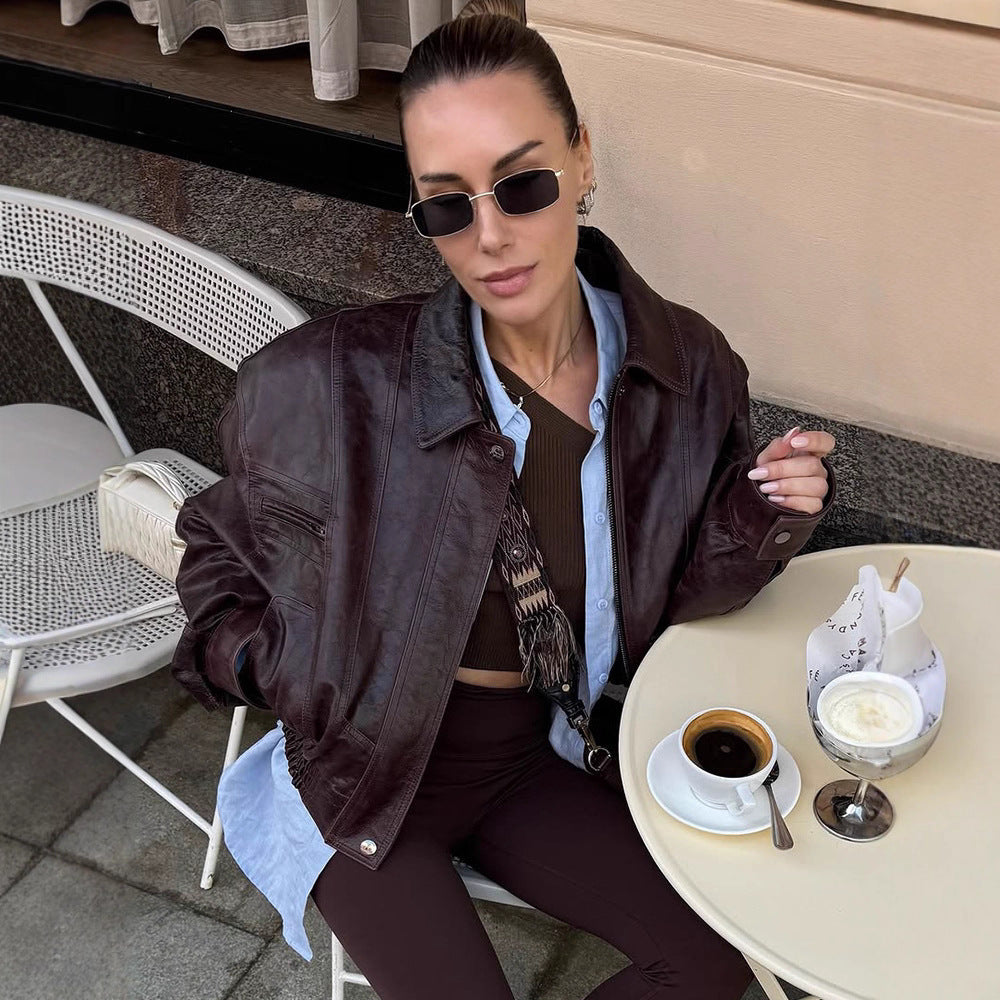 Retro Harajuku Style Simple Lapel Long Sleeve Short Leather Jacket