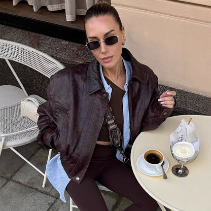 Retro Harajuku Style Simple Lapel Long Sleeve Short Leather Jacket