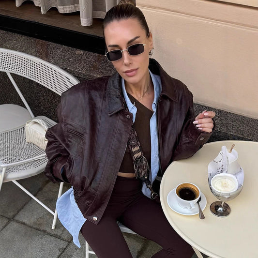 Retro Harajuku Style Simple Lapel Long Sleeve Short Leather Jacket