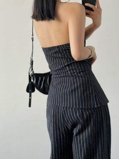 Retro Hot Girl Striped Tube Top Vest Women's Cotton Linen Casual Wide-leg Pants Suit