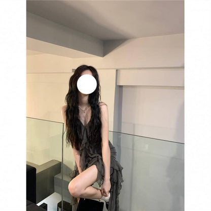 Romantic Dark Flowy Ruffle Layered High Dress