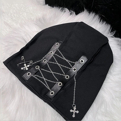 Deep Black Color Cool Harajuku Gothic Lolita Punk Hat Female Cross Autumn And Winter Hat Female Girl Accessories Cap