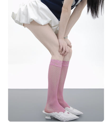 Girly Style Candy Lace Stockings Mouth Polka Dot Fishnet Hollow Mid-calf Socks