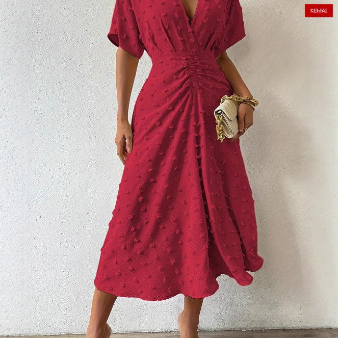 Summer New Fur Ball Ruffle Sleeve V-neck Waist Tied Dress