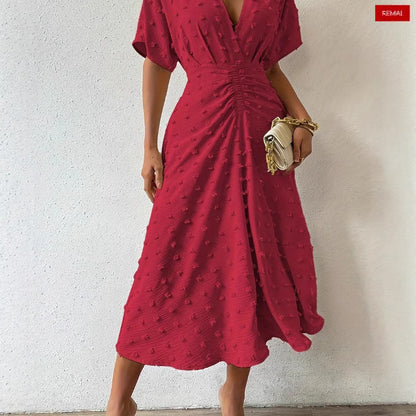 Summer New Fur Ball Ruffle Sleeve V-neck Waist Tied Dress