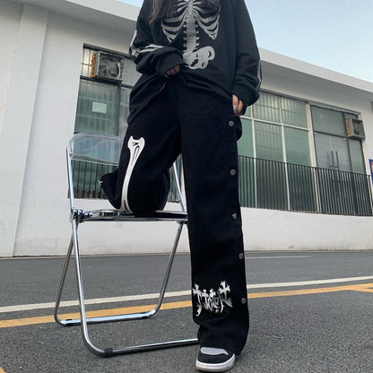 INS Harajuku Style Breasted Casual Loose Denim Trousers