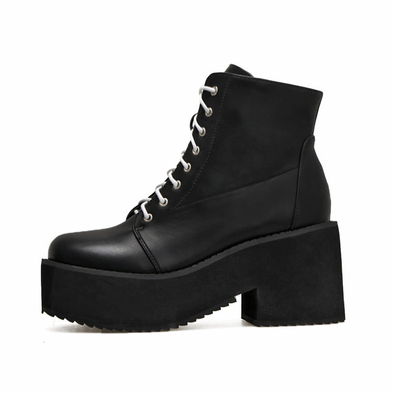 European and American punk leather thick ankle boots female Harajuku thick bottom zipper boots British lace Martin boots