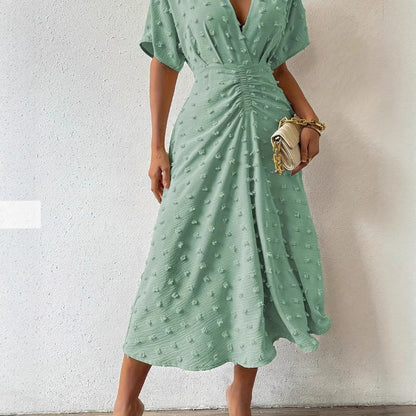 Summer New Fur Ball Ruffle Sleeve V-neck Waist Tied Dress