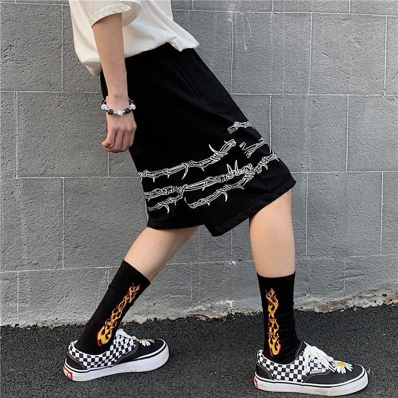 Shorts Men's Loose Casual Trend Dark Line Harajuku Style Front And Rear Iron Chain Pattern Fashion Sports