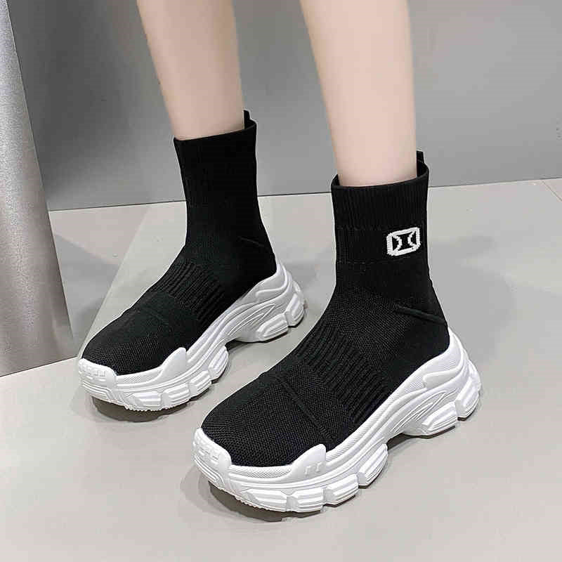 Spring And Autumn Fashion Thick Soled Height Increasing Flyknit Elastic Boots