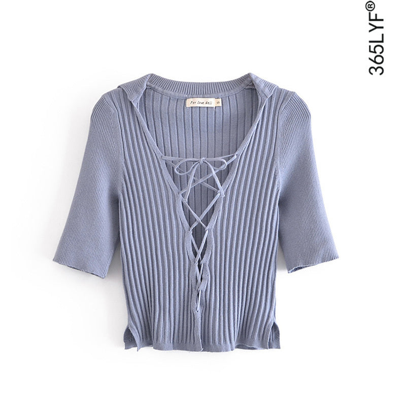 Lapel Slim Cross Drawstring Strap Pure Color All-match Half Sleeve Knit Top Dark Purple Cardigan