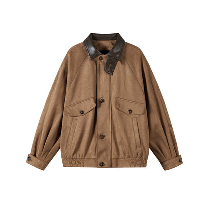 Autumn New Retro Suede Stitching Tooling Polo Collar Jacket