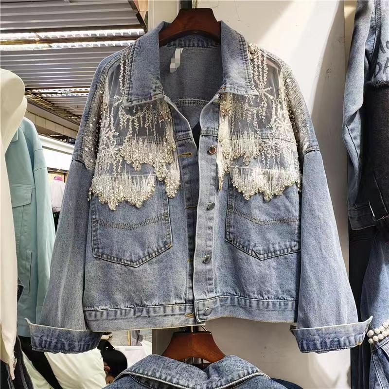 Splicing Beads Diamond Grenadine Loose Denim Jacket