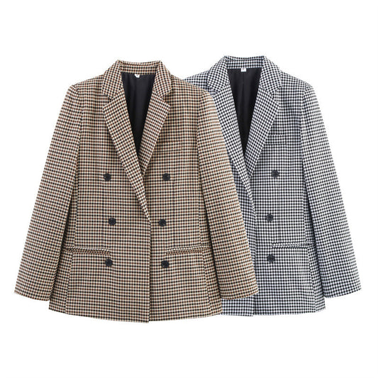 Two-breasted Loose Two-color Houndstooth Suit Jacket